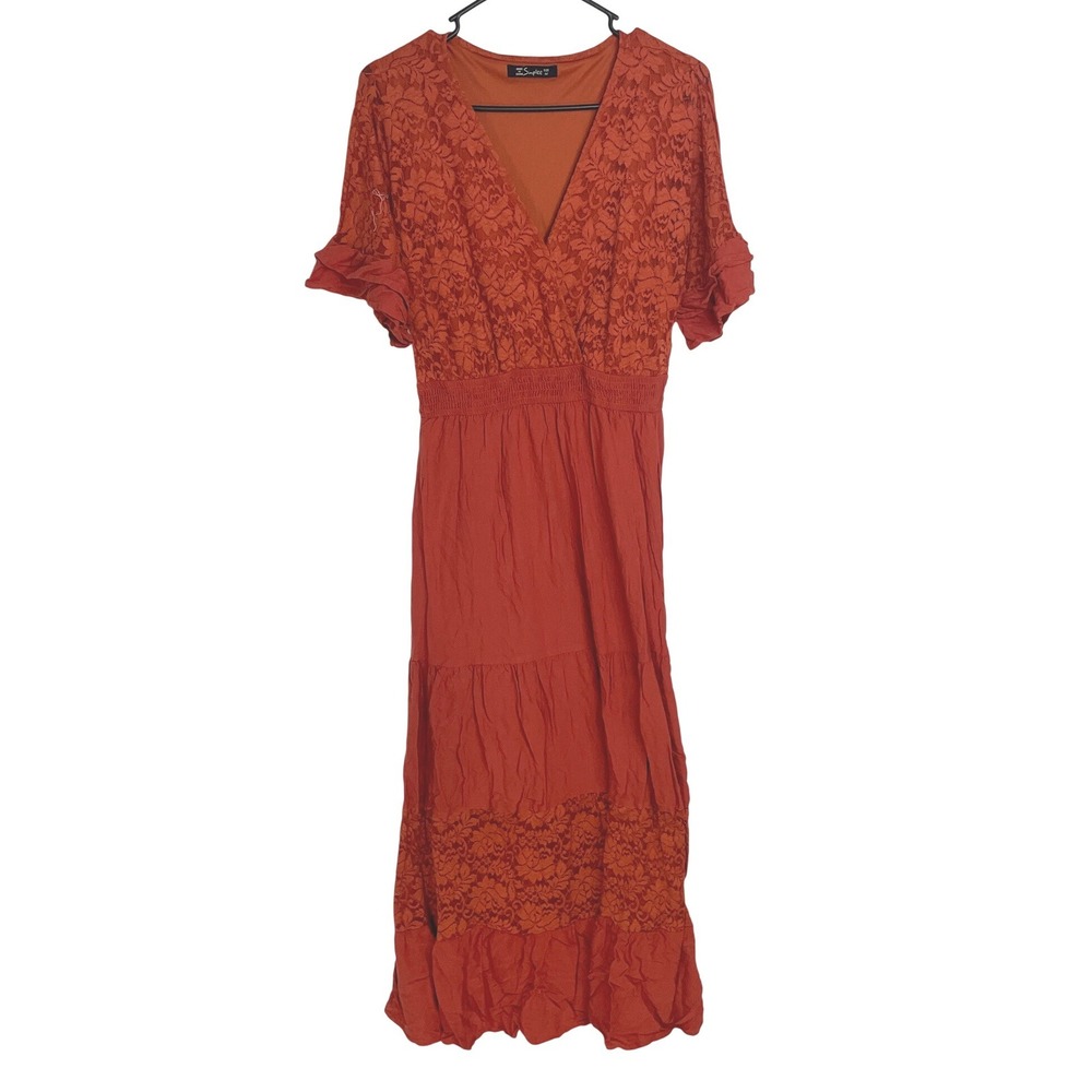 Simplee Womens Maxi Dress Lace V Neck Tiered Smocked M Orange Boho Cotagecore